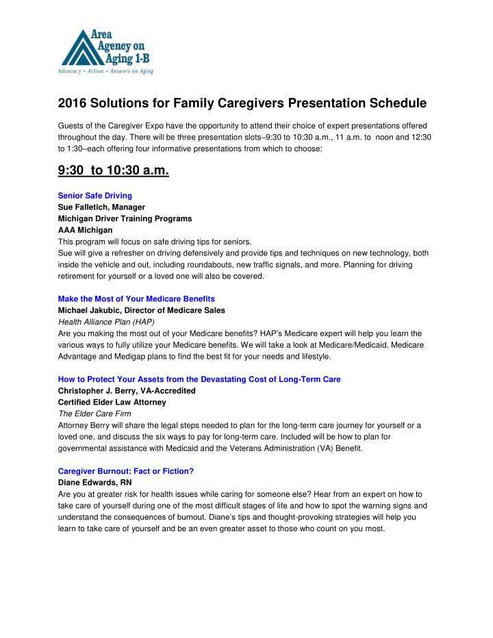 2016 solutions for family caregivers presentation schedule