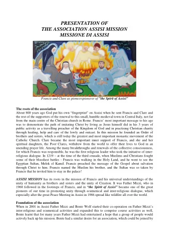 PRESENTATION OF  THE ASSOCIATION ASSISI MISSION  MISSIONE DI ASSISI Francis and Clare as