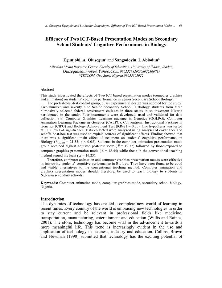 efficacy of two ict based presentation modes on secondary