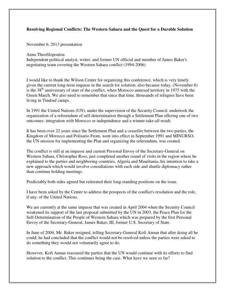 resolving regional conflicts the western sahara and the