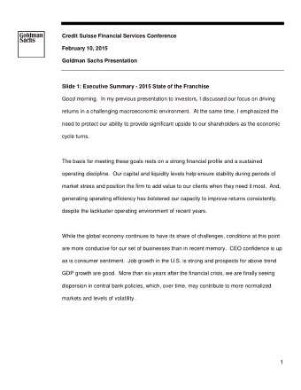 Credit Suisse Financial Services Conference  February 10, 2015  Goldman Sachs Presentation  Slide