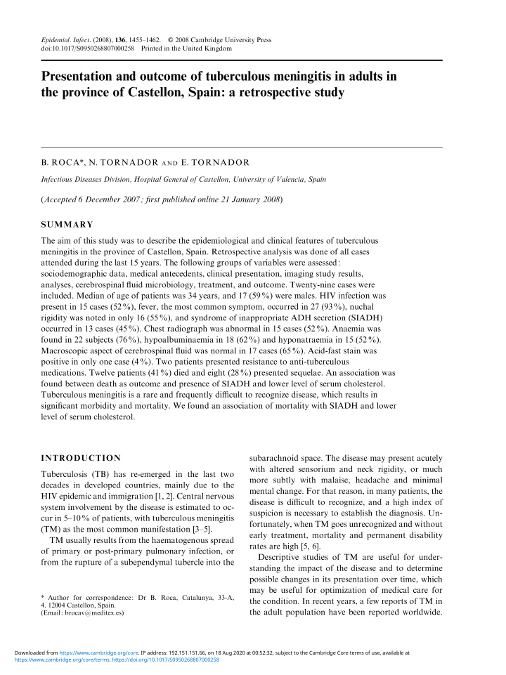 presentation and outcome of tuberculous meningitis in