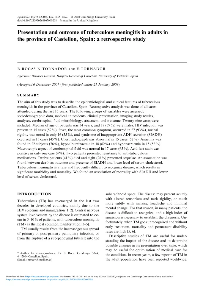 presentation and outcome of tuberculous meningitis in