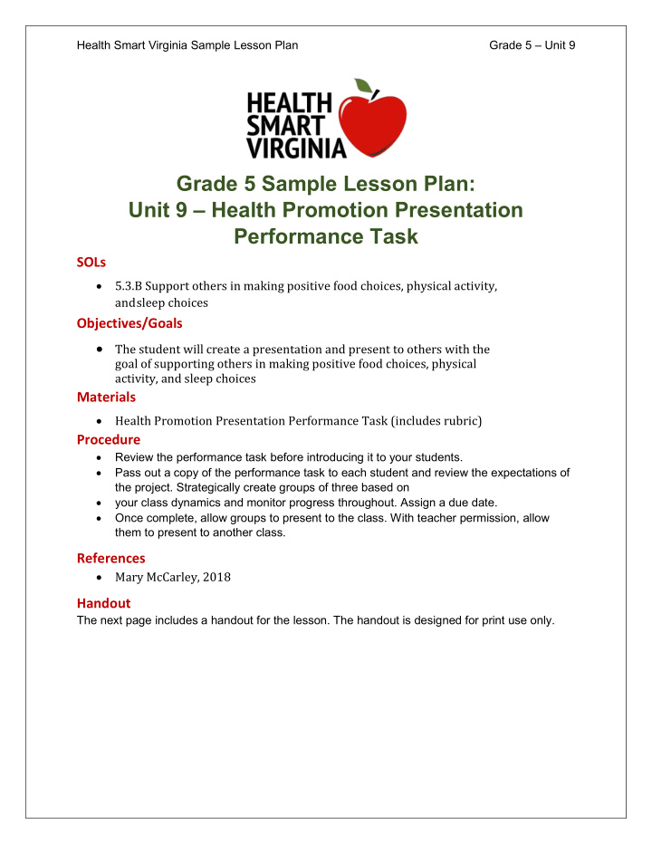 grade 5 sample lesson plan unit 9 health promotion