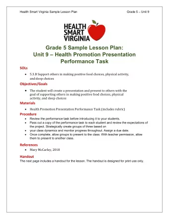 Grade 5 Sample Lesson Plan:  Unit 9  Health Promotion Presentation  Performance Task  SOLs