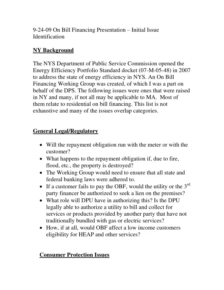 9 24 09 on bill financing presentation initial issue