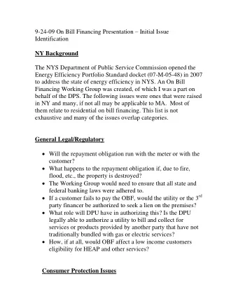 9-24-09 On Bill Financing Presentation  Initial Issue  Identification  NY Background  The NYS