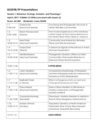 BIOD98/99 Presentations  Session 1: Behaviour, Ecology, Evolution, and Physiology I  April 4, 2017.