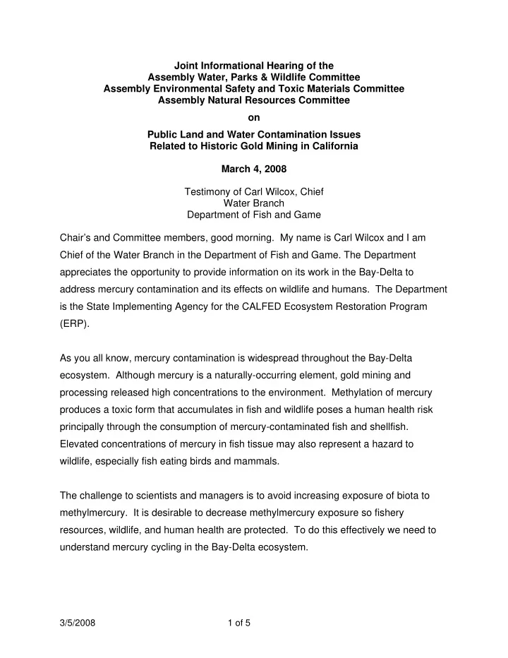 joint informational hearing of the assembly water parks