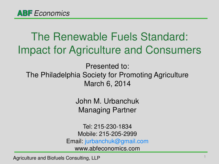 the renewable fuels standard impact for agriculture and