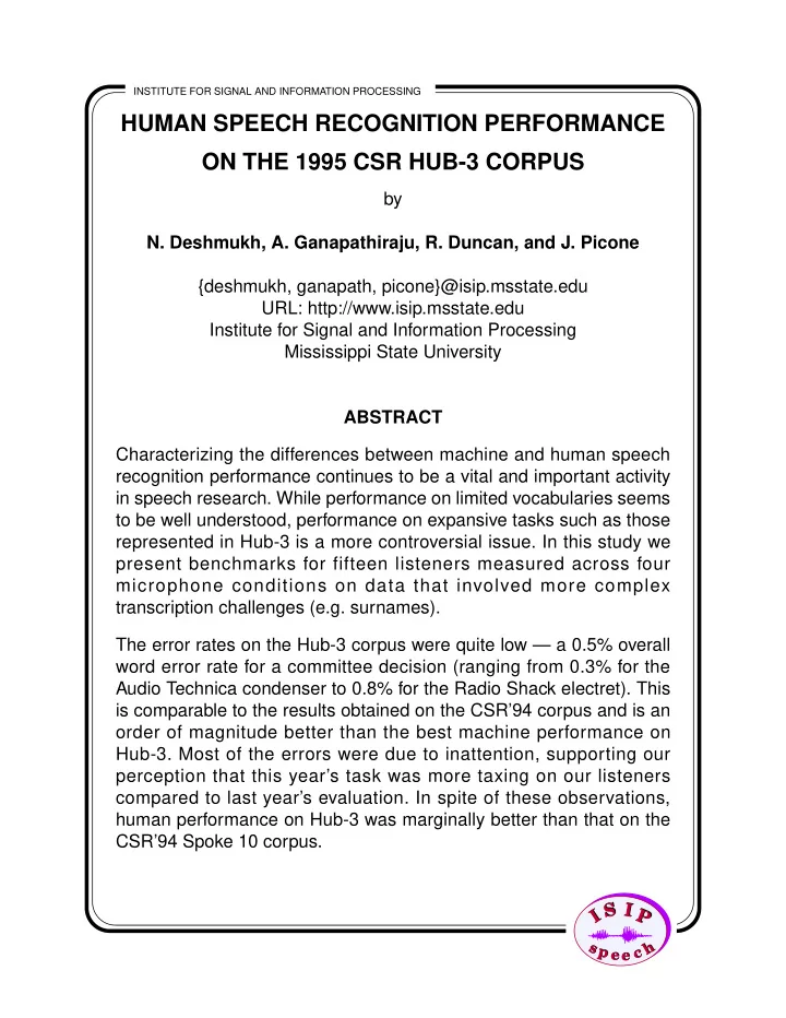 human speech recognition performance on the 1995 csr hub