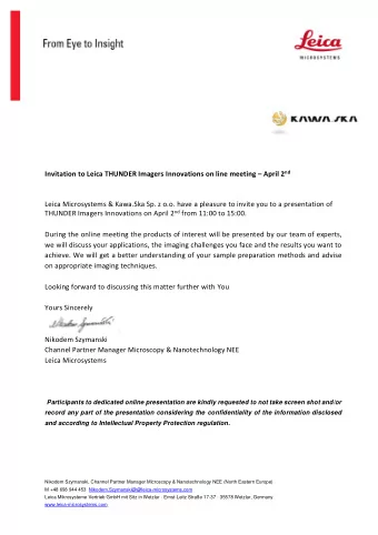 Invitation to Leica THUNDER Imagers Innovations on line meeting  April 2 nd  Leica Microsystems