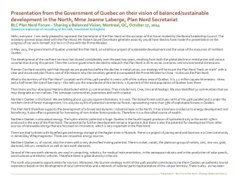 Presentation from the Government of Quebec on their vision of balanced/sustainable  development in