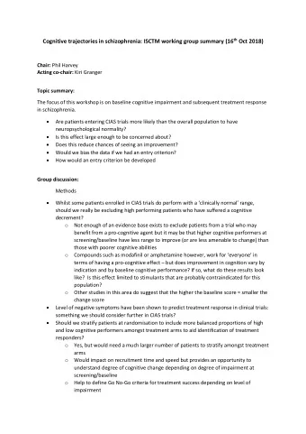 Cognitive trajectories in schizophrenia: ISCTM working group summary (16 th Oct 2018) Chair: Phil