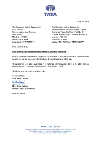 June 30, 2018  The Secretary, Listing Department  The Manager, Listing Department  BSE Limited