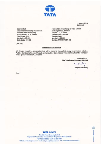 G  TATA 1s1 August 2019  BJ/SH-L2/  SSE Limited National Stock Exchange of India Limited  Corporate