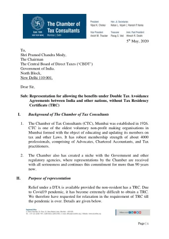 5 th May, 2020  To,  Shri Pramod Chandra Mody,  The Chairman The Central Board of Direct Taxes