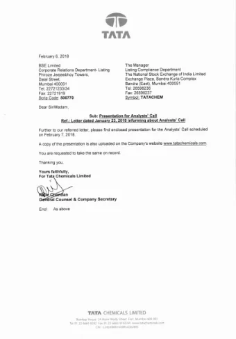 q  T  P  T  A  T  A February 6, 2018  T  h  e  M  a  n  a  g  e  r  BSE Limited  a  n  c  e  D