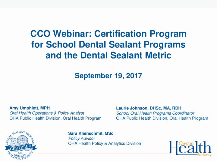 cco webinar certification program for school dental