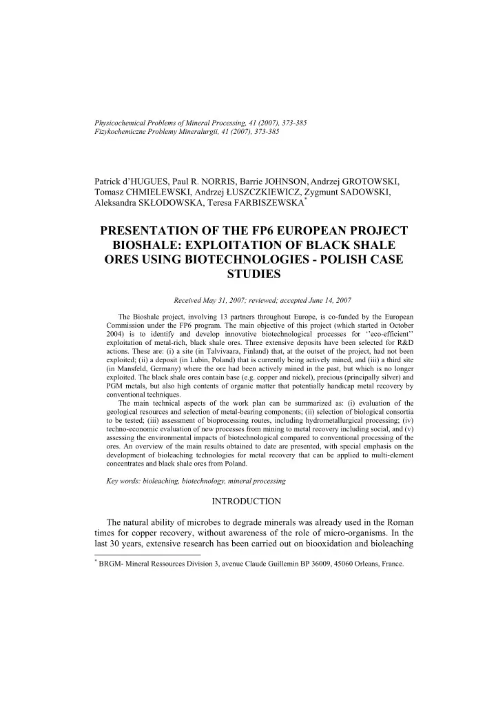 presentation of the fp6 european project bioshale
