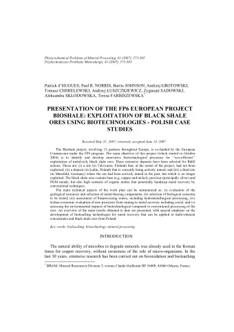 PRESENTATION OF THE FP6 EUROPEAN PROJECT  BIOSHALE: EXPLOITATION OF BLACK SHALE  ORES USING