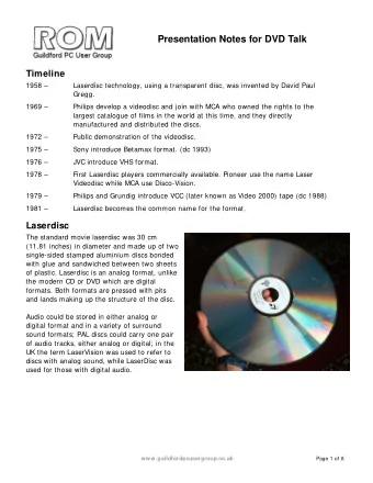 Presentation Notes for DVD Talk  Timeline  1958   Laserdisc technology, using a transparent
