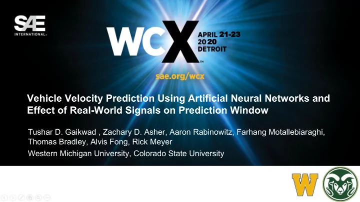 vehicle velocity prediction using artificial neural
