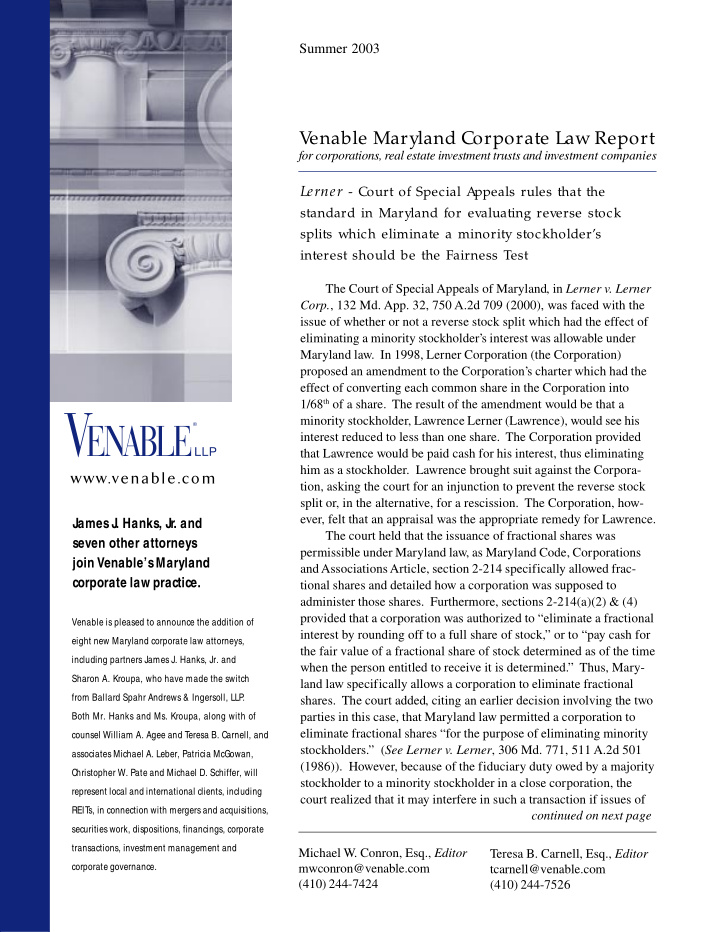 v enable maryland corporate law report