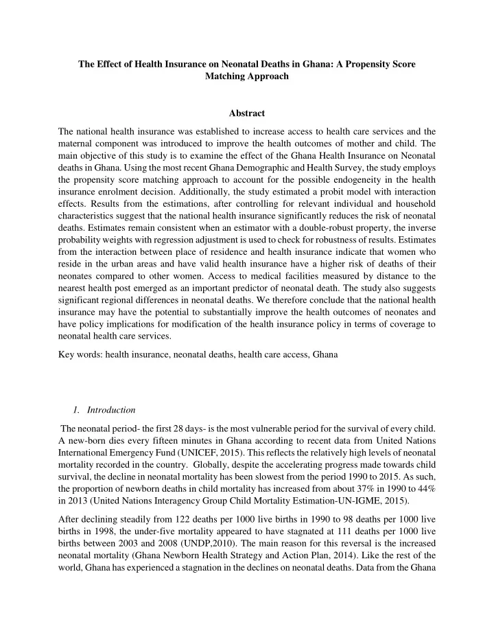 the effect of health insurance on neonatal deaths in