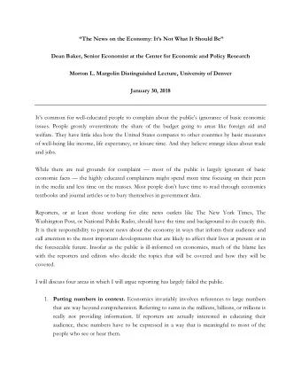 The News on the Economy: Its Not What It Should Be  Dean Baker, Senior Economist at the