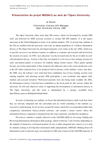 Prsentation du projet MOSAI C au sein de l'Open University  Jo Parker  Information Literacy Unit