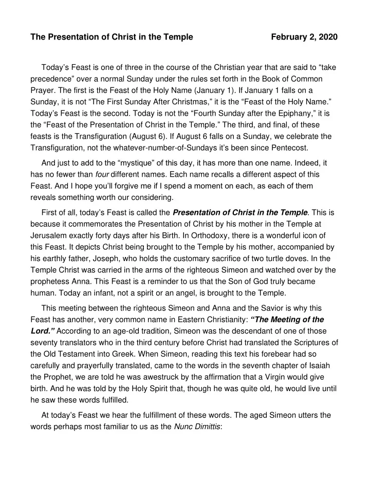 the presentation of christ in the temple february 2 2020