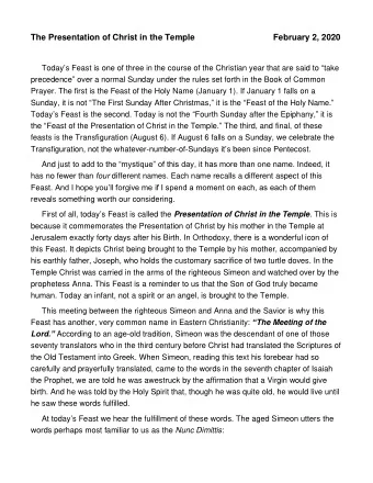 The Presentation of Christ in the Temple  February 2, 2020 Today  s Feast is one of three in the