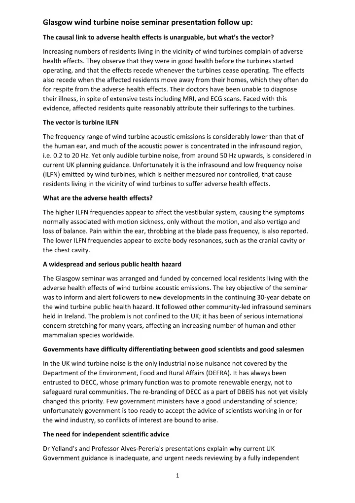 glasgow wind turbine noise seminar presentation follow up