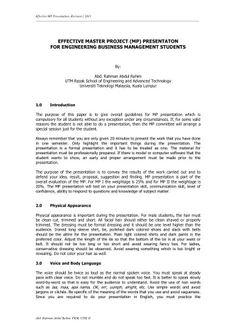 EFFECTIVE MASTER PROJECT (MP) PRESENTATON FOR ENGINEERING BUSINESS MANAGEMENT STUDENTS  By:  Abd.