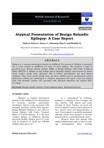Atypical Presentation of Benign Rolandic  Epilepsy: A Case Report  Madoori Srinivas*, Ramya C.,