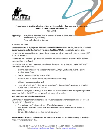 Presentation to the Standing Committee on Economic Development and Environment  on Bill 34  the