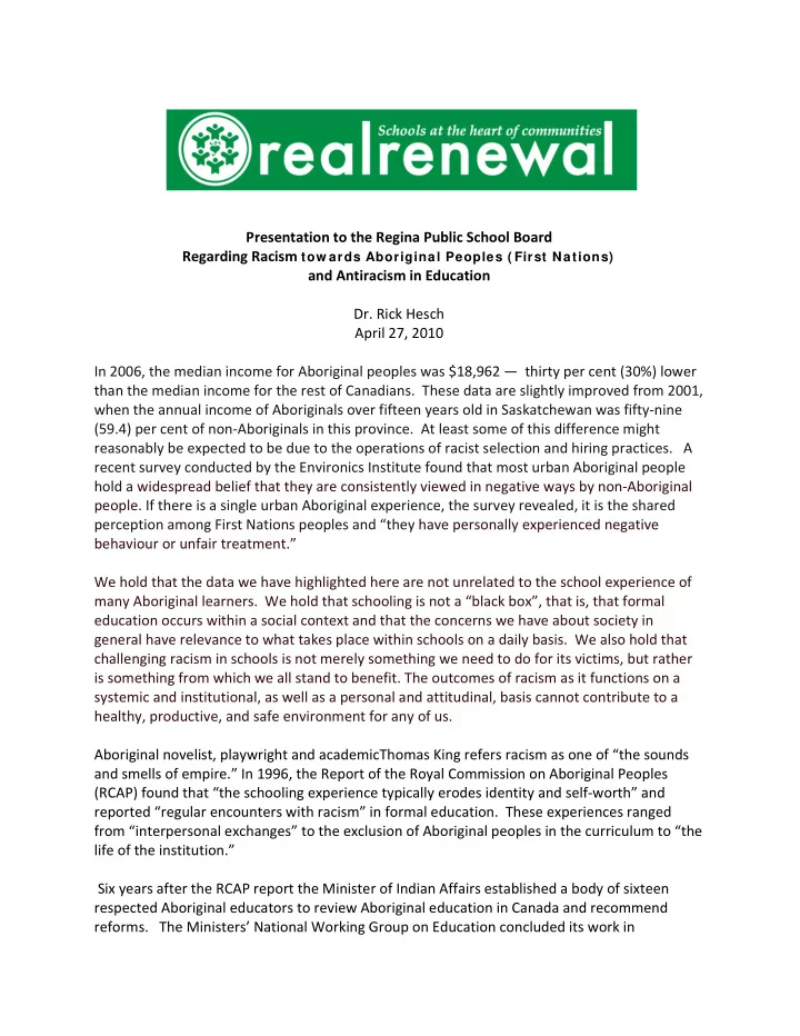 presentation to the regina public school board regarding