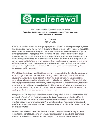 Presentation to the Regina Public School Board Regarding Racism tow ards Aboriginal Peoples ( First