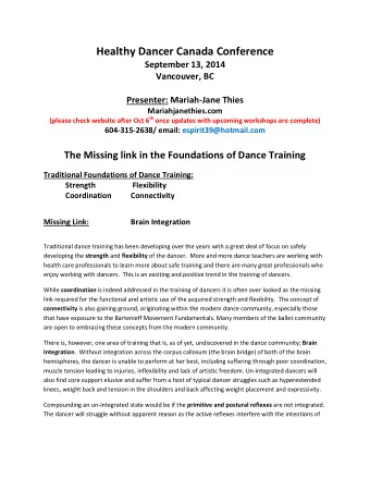 Healthy Dancer Canada Conference  September 13, 2014  Vancouver, BC  Presenter: Mariah-Jane Thies
