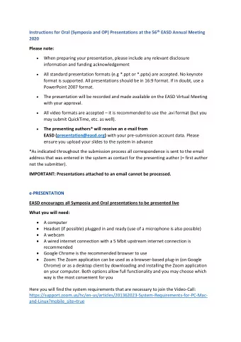 Instructions for Oral (Symposia and OP) Presentations at the 56 th EASD Annual Meeting 2020 Please
