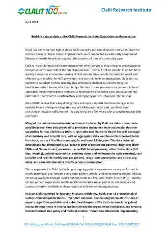 Clalit Research Institute  April 2014  Real-life data analysis at the Clalit Research Institute: