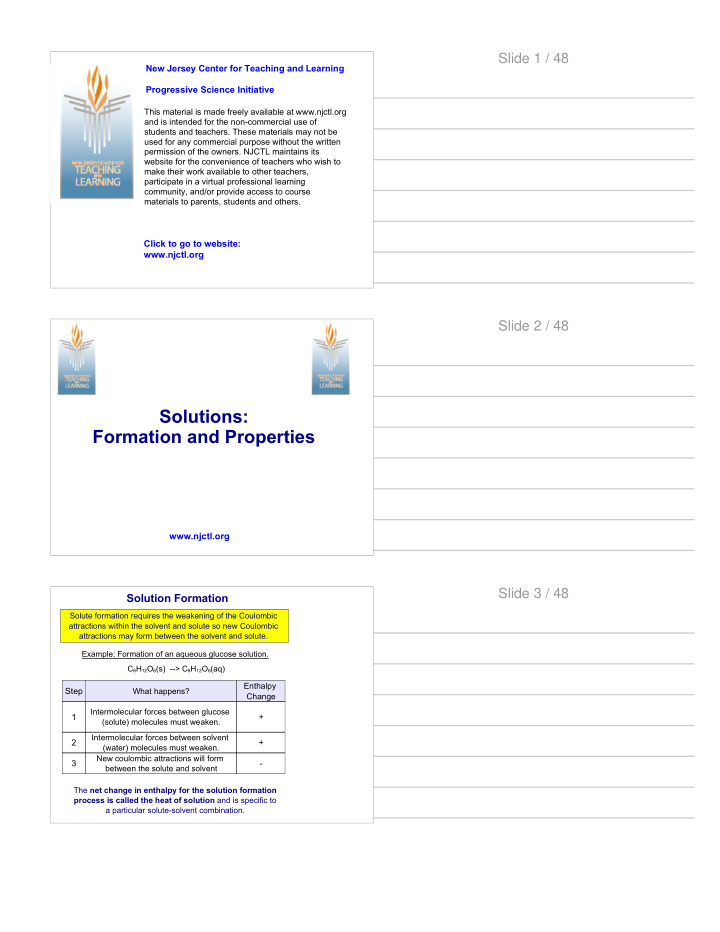 solutions formation and properties