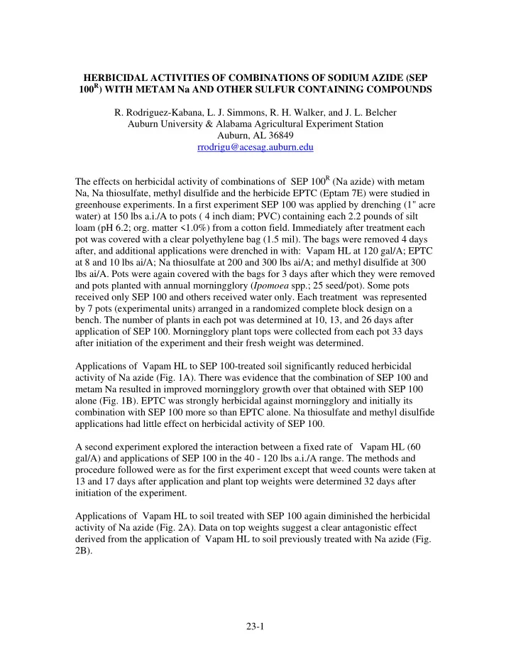 herbicidal activities of combinations of sodium azide sep