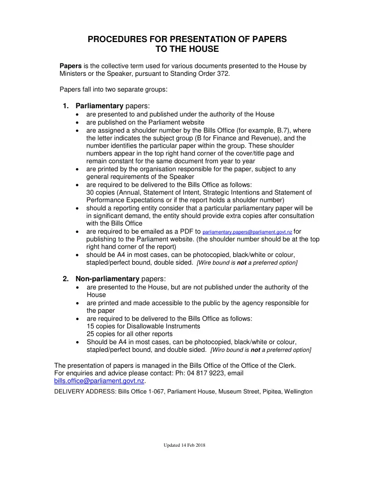 procedures for presentation of papers to the house