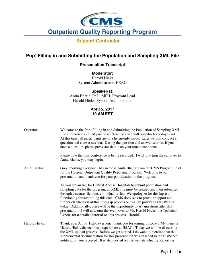 outpatient quality reporting program