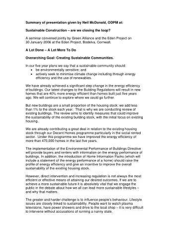 Summary of presentation given by Neil McDonald, ODPM at:  Sustainable Construction  are we