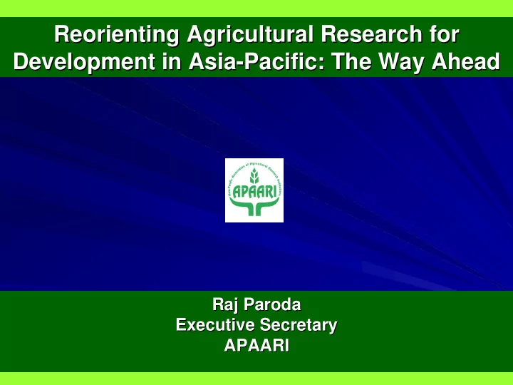 reorienting agricultural research for reorienting