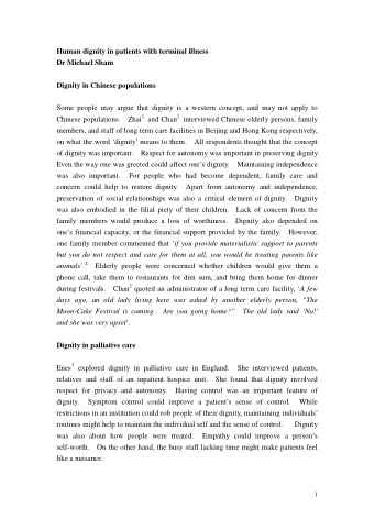 Human dignity in patients with terminal illness  Dr Michael Sham  Dignity in Chinese populations