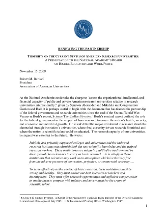 RENEWING THE PARTNERSHIP T HOUGHTS ON THE C URRENT S TATUS OF A MERICAN R ESEARCH U NIVERSITIES : A